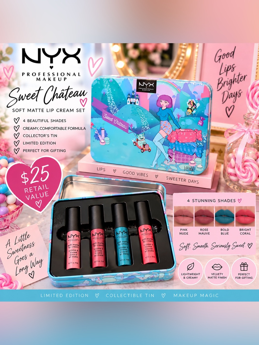Sweet Château Matte Lip Cream Set - Pink, Rose, Teal, Coral